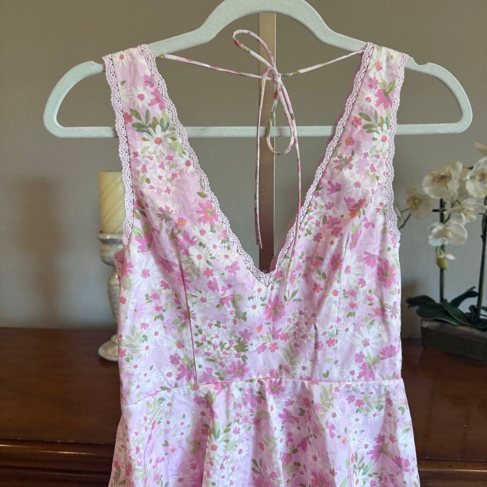 NWT Altar’d State Pink Floral Lace Trim Tie Back Mini Dress Small - Picture 7 of 9